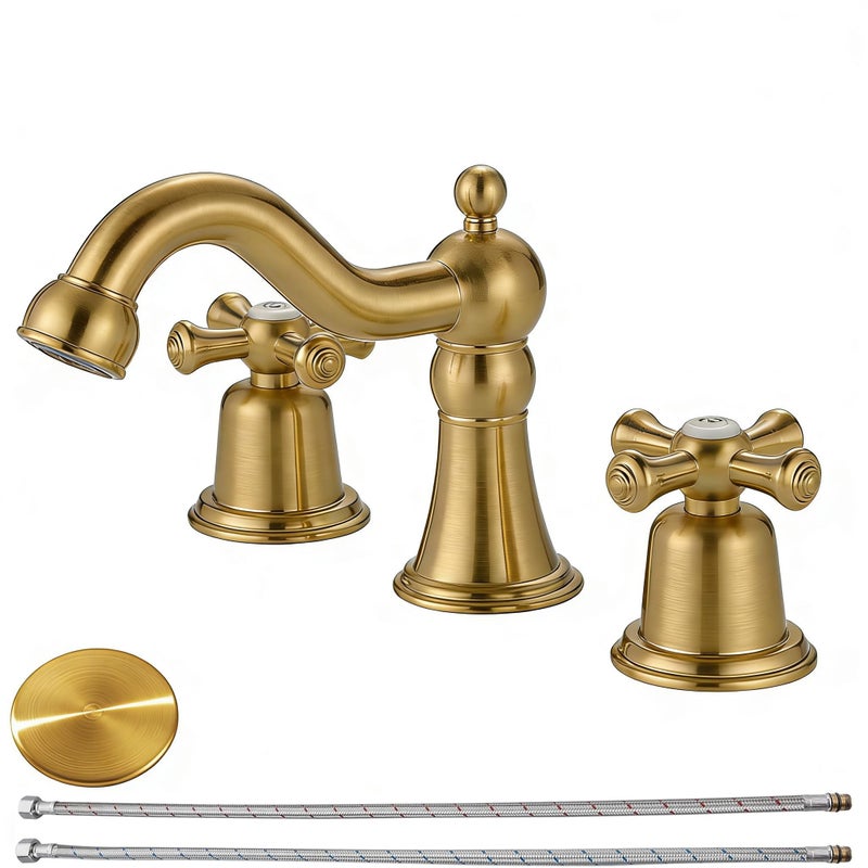 RKF Bathroom Faucets for Sink 3 Hole Gold 8 inch Widespread Bathroom Sink Faucet with Drain 2 Handles Cross Knobs Faucet Bathroom Vanity Faucet Basin Mixer Tap CWF033-BG - Image 1